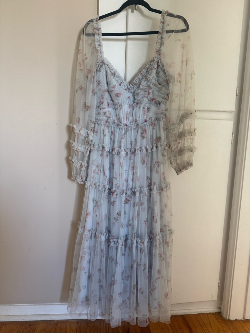 Needle & Thread Pale Blue Floral Ruffled Maxi Dress